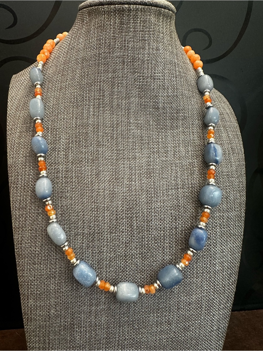 Blue and Orange Agate Gemstone Beaded Necklace - Women Jewelry
